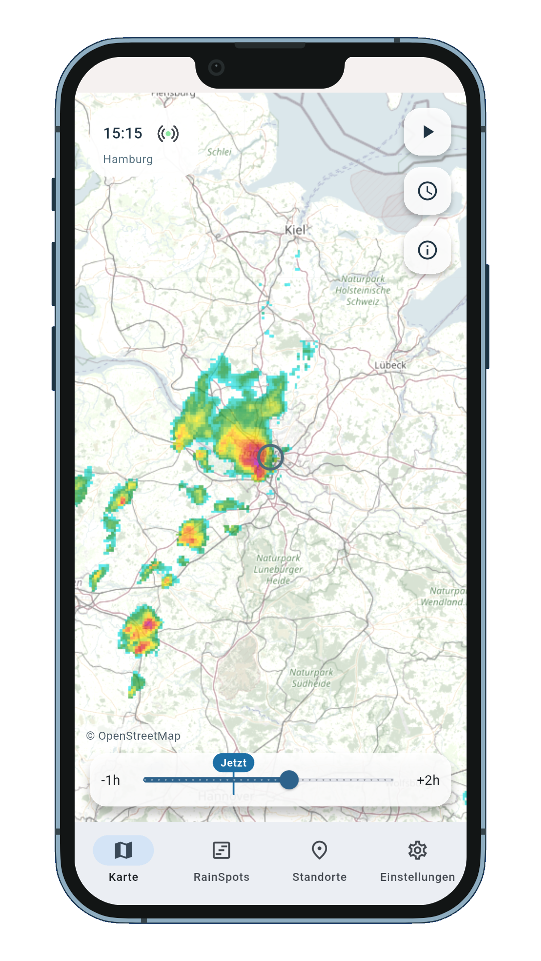 Kartenansicht mit Regenradar und Zeitschieberegler in RainSpots